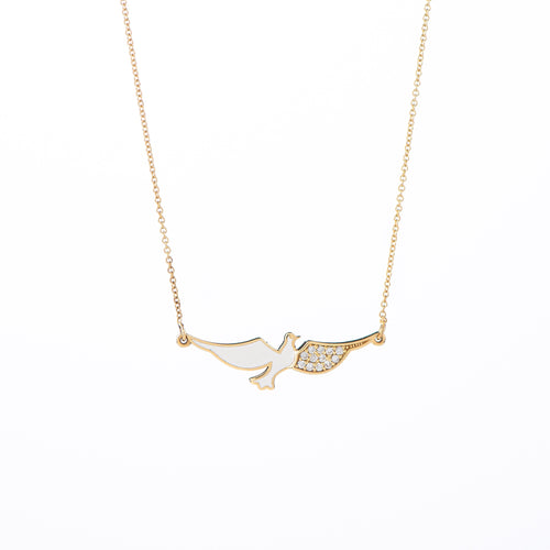 Flying dove, enamel and diamond necklace